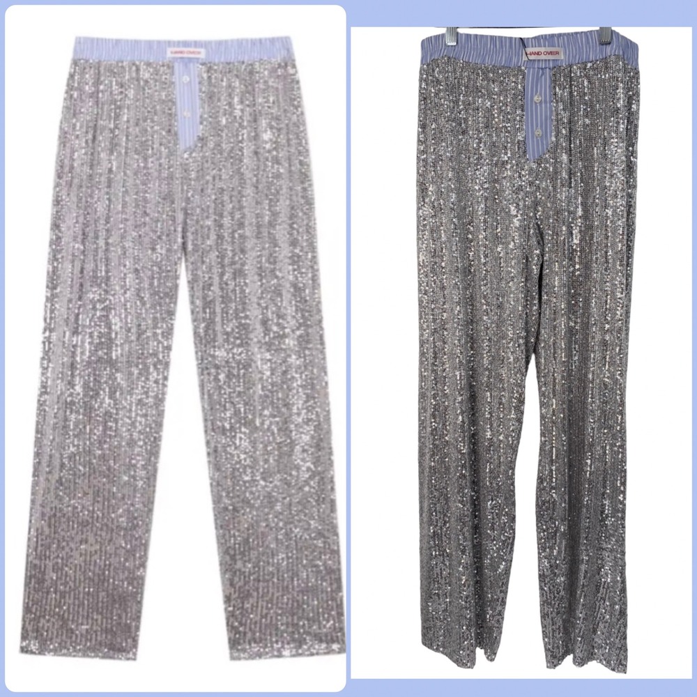 NEW Hand Over Ex-Boyfriend Jack Long Silver Sequin Pants Blue Striped Waistband